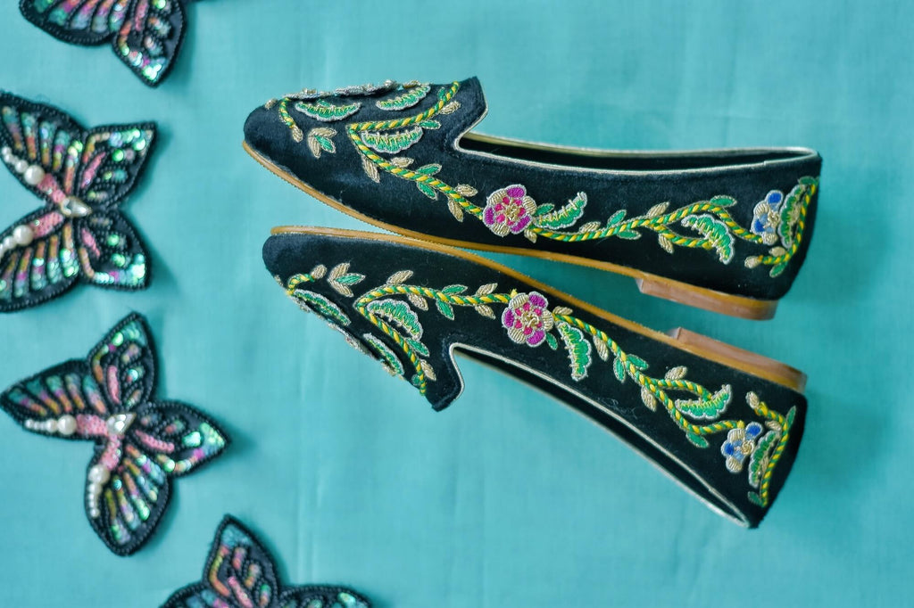 Our Italian Gardens Loafers are a work of art. Crafted with 3D hand embroidery and resham thread, they will be sure to make a bold statement while keeping you looking polished and formal. Make these iconic shoes the highlight of your outfit!