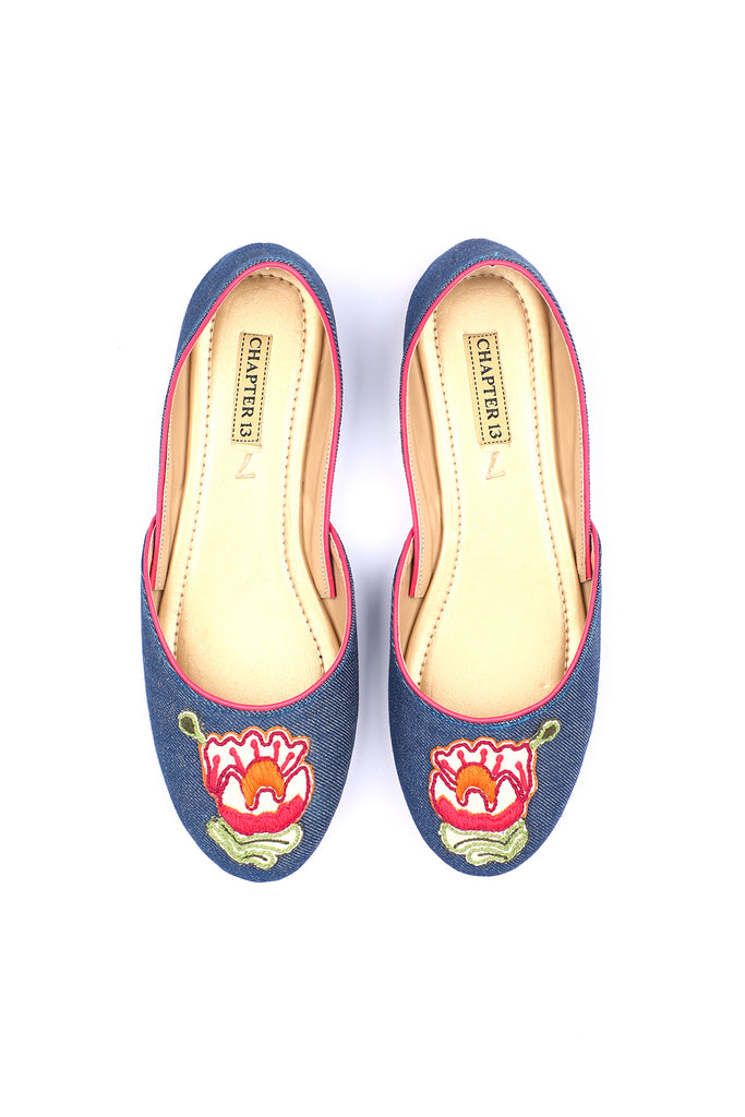 Denim khussa style loafers with hand embroidered motif