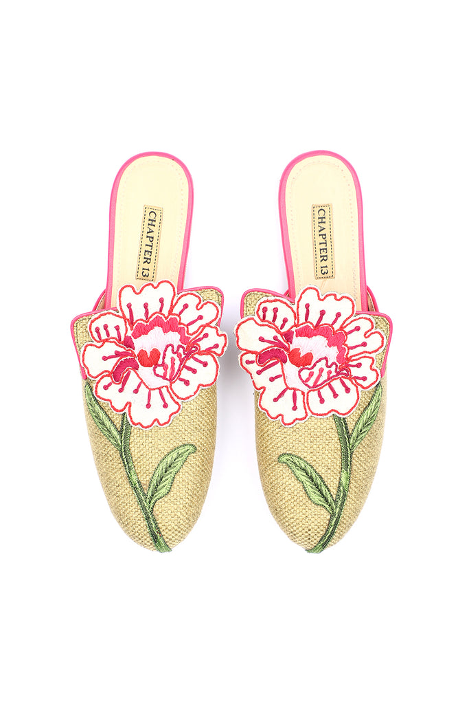Woven Fabric mule with hand embroidered appliqué flower