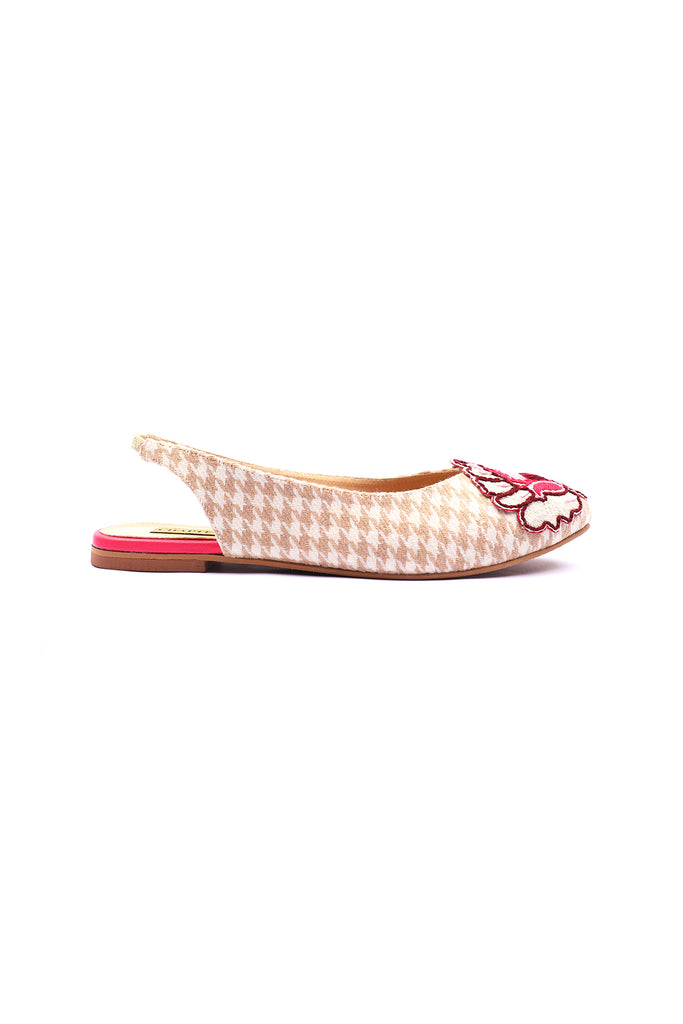 Houndstooth printed fabric sling back with appliqué floral on top